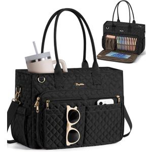 Teacher Bags for Women, 15.6 inch Laptop Work Tote Bag Quilted Nurse Bible Bag Shoulder Handbag for School, Travel | with 40oz Cup Holder, Insulated Pocket, Adjustable Strap, Zipper, Computer Bag, Office Briefcase, Gift for Women (Black)