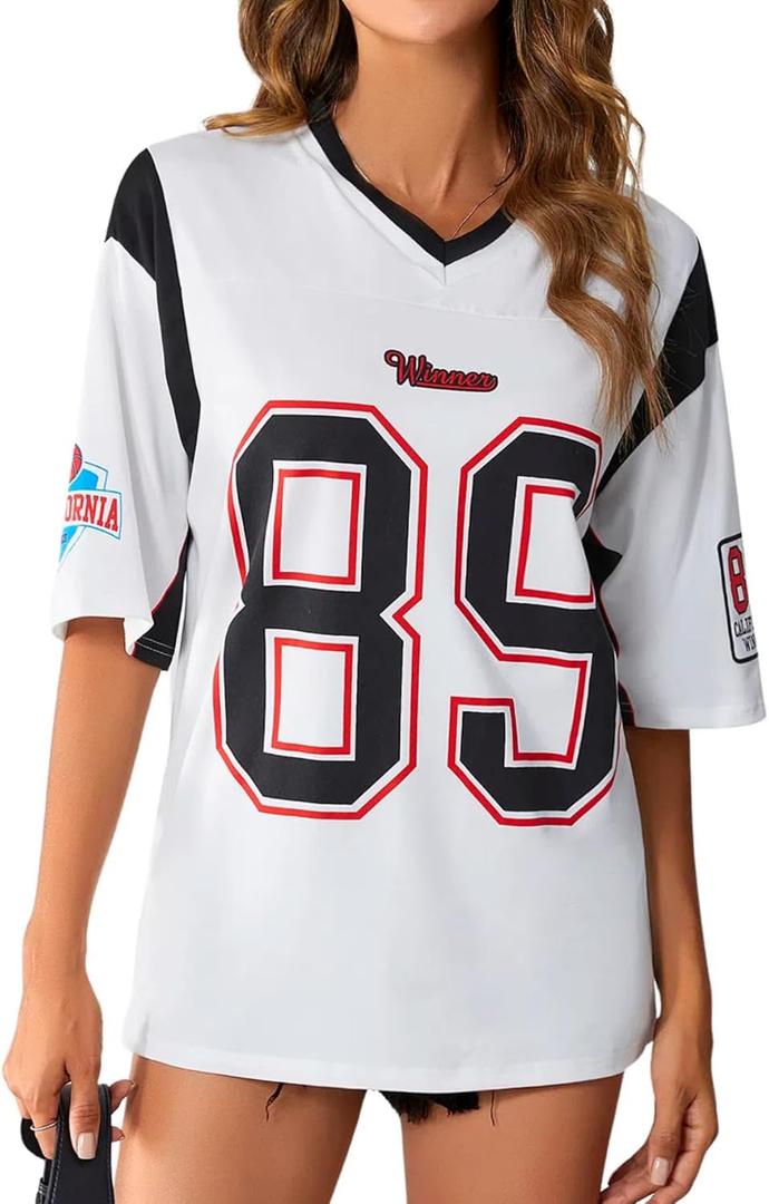 SOLY HUX Women's Jersey Shirts Oversized Letter Print Graphic Tees V Neck Half Sleeve T Shirt Summer Tops (Medium, White Letter)
