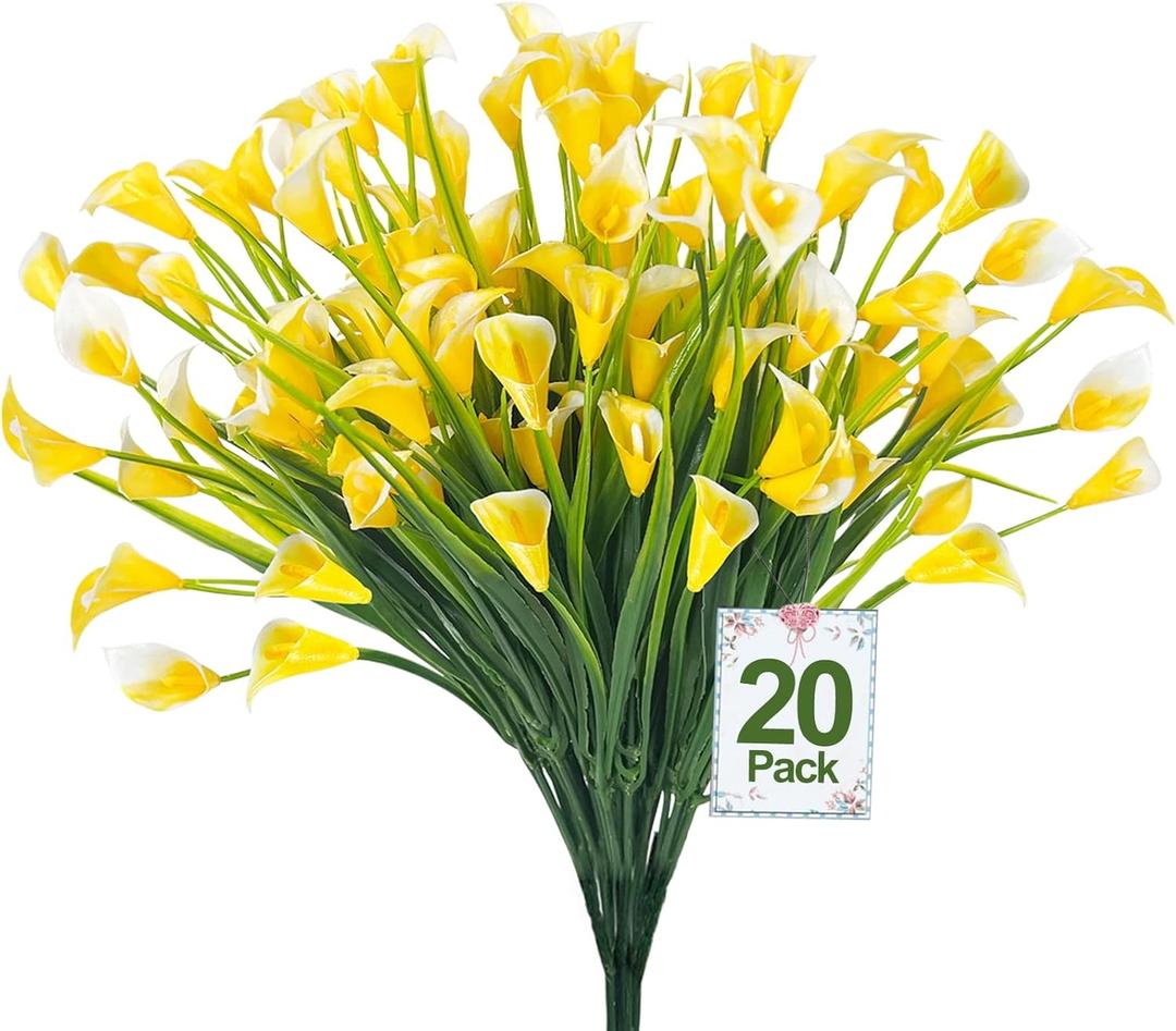 TURNMEON 20 Bundles Calla Lily (400 Heads) Artificial Flowers for Outdoors, Fake Plants UV Resistant Faux Plastic Fake Flowers for Indoor Planter Home Porch Yard Spring Summer Cemetery Decor(Yellow)