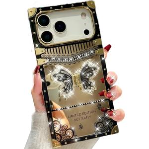 AuroiCYY for iPhone 17 Pro Max Butterfly Stand Case, Glitter Bling Foldable Kickstand Woman Girls Mirror Back Golden Plated Shockproof Protective Elegant Cute Soft Cover for iPhone 17 Pro Max, Black