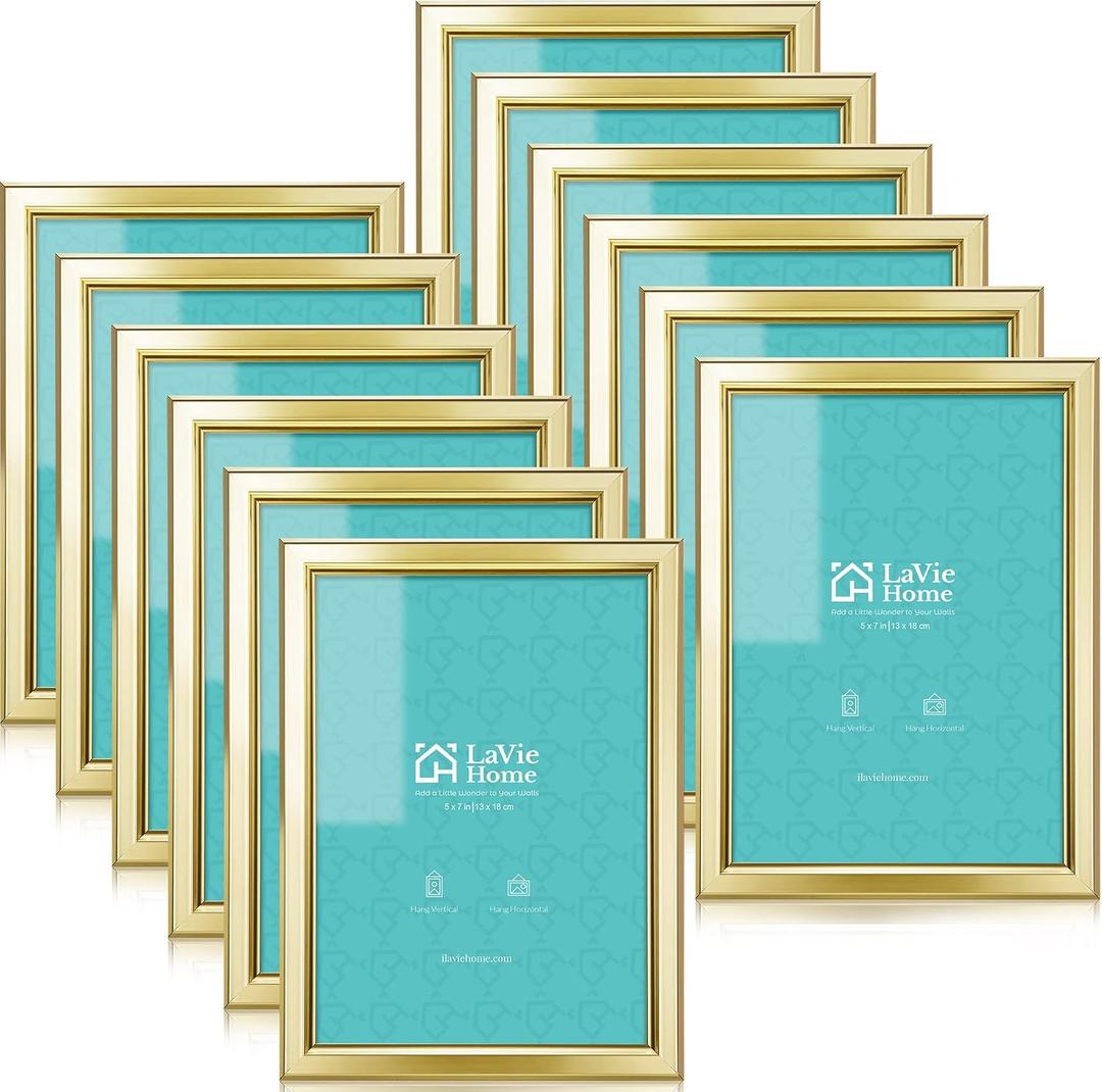 LaVie Home 5x7 Picture Frames (12 Pack, Gold) Simple Designed Photo Frame with High Definition Glass for Wall Mount & Table Top Display, Set of 12 Classic Collection