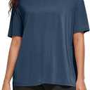 ODODOS Women's Split Hem Oversize Short Sleeve Shirts, Casual Lounge Yoga Tops, Dark Blue, Large