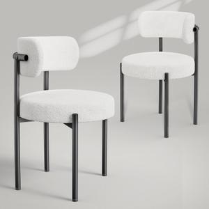 Boucle Dining Chairs Set of 2, White Mid Century Morden Chair with Curved Backrest, Round Upholstered Sherpa with Metal Legs, Suitable for Various Kitchen Styles