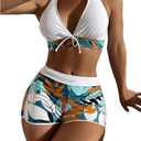 Women Two Piece Swimsuit Bathing Suits Floral Tropical High Waisted Beachwear Board Shorts Halter Tops (Large, White)