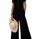 BLENCOT Casual Striped Short Sleeve Jumpsuits Rib Knit Wide Leg Romper Comfy Button Down Baggy Rompers Black XL