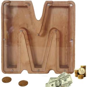 Wooden Letter Piggy Bank, Cute 26 Alphabet Money Bank, Personalized Bills and Coins Bank Money Box, Cash Saving Bank for Adults Boys Girls Best Gift (M)