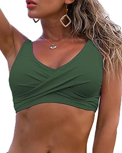 Fanuerg Women's Twist Front Bikini Top V Neck Push Up Padded Swimsuit Top Bathing Suits, Large