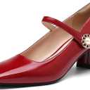 NEWBELLA Women's Patent Leather Mary Janes - Glossy Square Toe Pumps with Chunky Heel & Buckle Strap, Retro Dress Shoes for Work & Formal Events