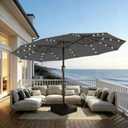 15FT Patio Umbrella with Solar Lights, Double-Sided Extra Large Outdoor Table Umbrella with Base Included, Heavy-Duty 12 Iron Ribs Market Umbrella for Garden, Pool, Backyard, Gray