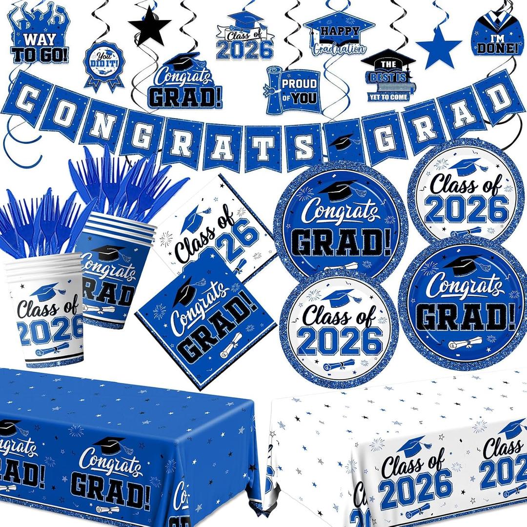 Blue and White Graduation Decorations Dinnerware Set Class of 2026 Decorations Blue Graduation Plates and Napkins Cups Tablecloth Banner for 2026 Congrats Grad Party Decorations, Serve 25