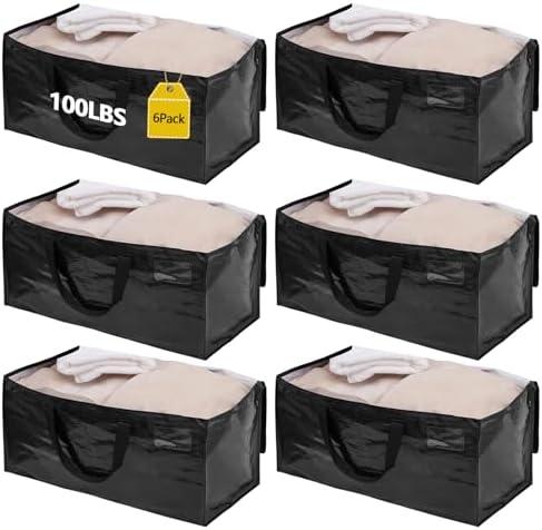 6 Pack Waterproof Moving Bags with Strong Zippers and Reinforced Handles, Real 100lb Capacity Extra Heavy Duty Large Storage Totes for Packing & Moving Storing, Alternative to Moving Boxes -95L,Black