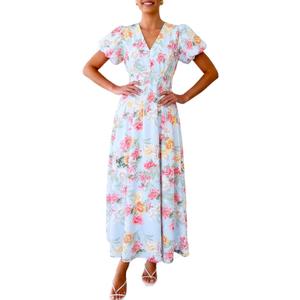 Flessibili Womens Summer Floral Maxi Dress Wedding Guest Party Long Dresses 2026 (Blue, S)