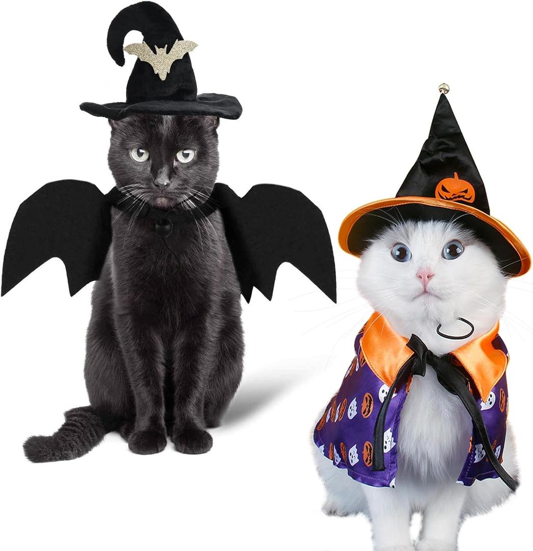 Halloween Pet Costumes Cat Wizard Costume Dog Funny Wizard Clothes Cat Bat Wings Wizard Hat Cute Pumpkin Cloak Outfits for Kittens Puppies