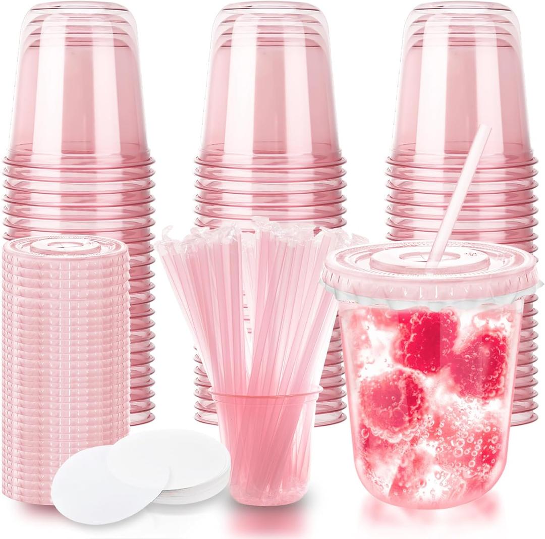 12oz Disposable Stemless Glasses with Flat Lids and Straws,PET Disposable Drinking Cups,Clear Plastic Wine Glasses for Parties Birthday,Wedding,Meeting,Christmas Party Supplies. (50, Pink)