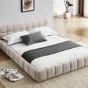 KEIKI Queen Thick Chenille Bed Frame with Upholstered Tufted Headboard, Modern Solid Wood Floor Platform for Bedroom, No Box Spring Needed (Beige)