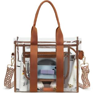 Clear Bags for Women Tote Bag, Crossbody Bag, Stadium Approved Clear Purse for Sports Events, Concert, Work & Beach (Brown)