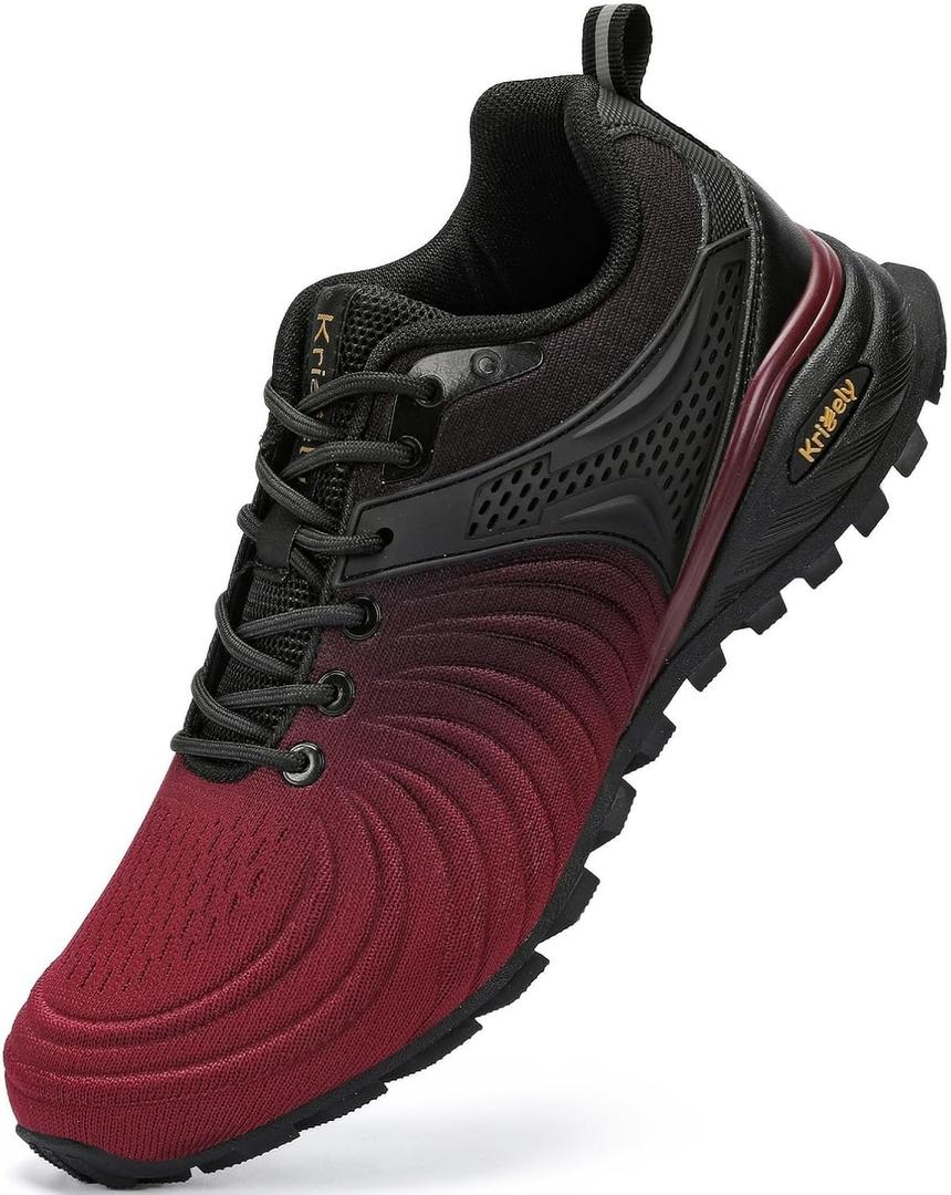 Kricely Men's Walking Shoes Breathable Lightweight Fashion Sneakers Non Slip Sport Gym Jogging Trail Running Shoes (11.5 Wide, Red/Brown)