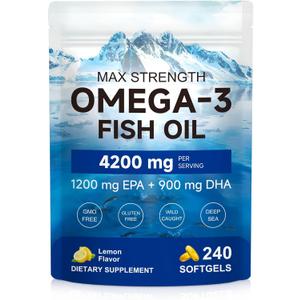 Omega 3 Fish Oil 4200mg per Serving (3 Softgels) - 2290mg Total Omega 3 (1200mg EPA & 900mg DHA) - 240 Softgels, 80-Day Supply - Wild Caught Burpless Lemon Flavor Dietary Supplement, Exp 05/17/2029