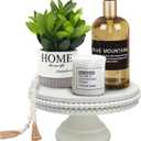 dwellington White Wash Display Wood Riser, 8.25inch Shabby Chic Pedestal Tray Decor with Beads, Farmhouse Display Stands for Coffee Bar, Bathroom, Kitchen Island (White)