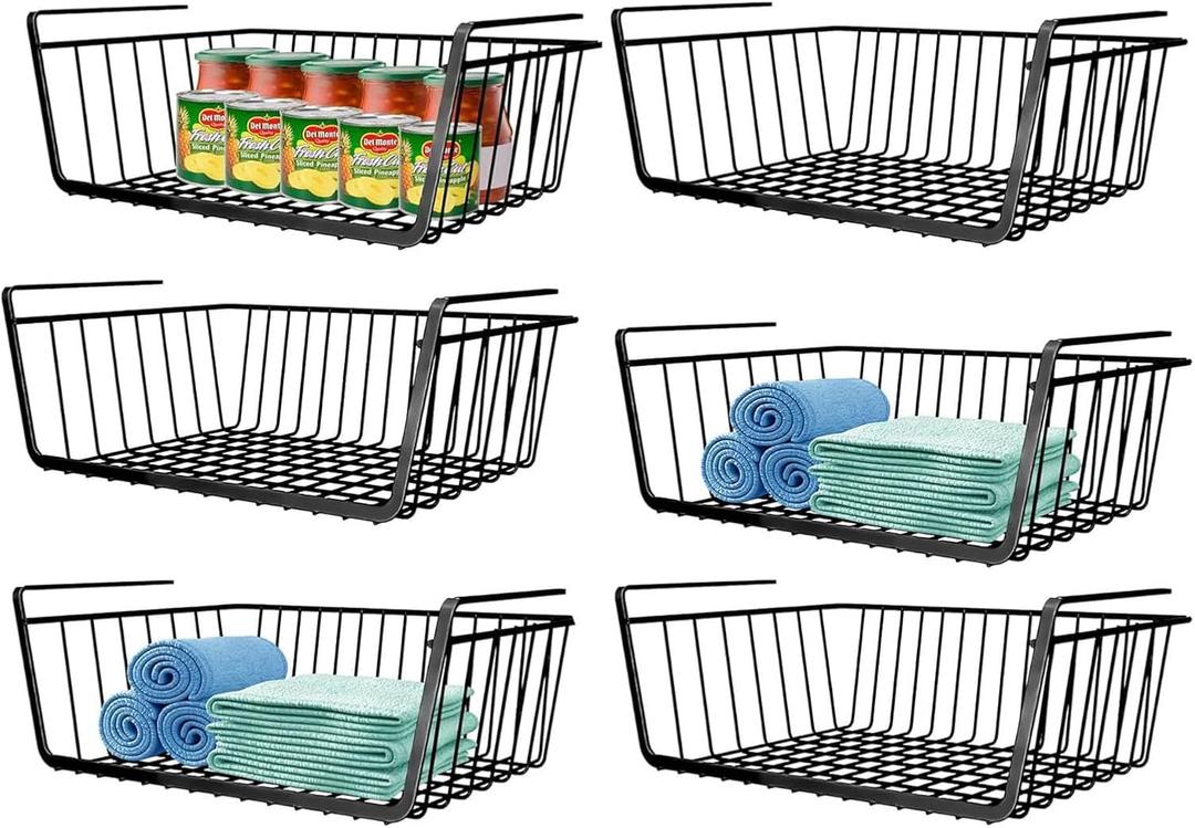 6 PACK Hanging Under Shelf Storage Basket Kitchen Cabinet Organizer Storage, Slides Under Wire Shelves for Counter Pantry Desk Bookshelf, Black