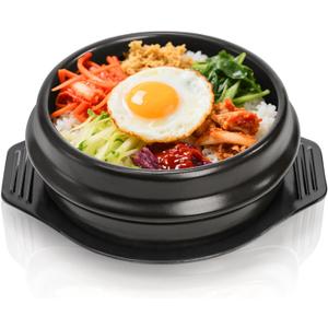 Korean Stone Bowl, Ceramic Korean Cooking Stone Pot Set with Tray, 37 Oz Dolsot Bibimbap Sizzling Hot Pot Soup Cookware for Korean Restaurants, Rice, Soup, Noodle