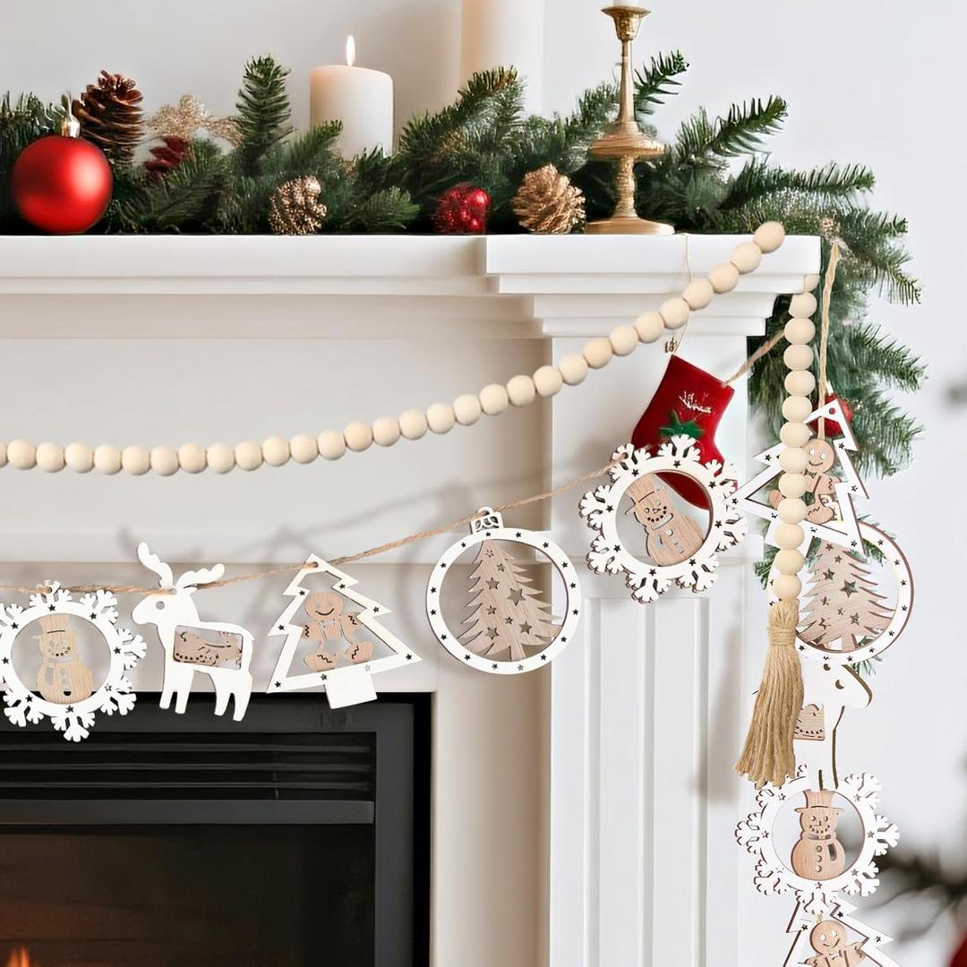 Jetec 2 Pcs Wooden Christmas Garland with Wood Beads Rustic Farmhouse Mantelpiece Ornaments Vintage Christmas Decor Wall Hanging Holiday Decorations