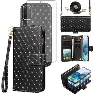 Asuwish Compatible with Samsung Galaxy S20 5G 6.2 inch Wallet Case Zipper Detachable Cell and Screen Protector Crossbody Strap Glitter Flip Card Holder Phone Cover for S 20 20S UW S2O G5 Women Black