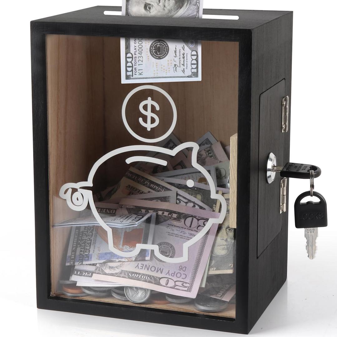 Clear Piggy Bank with Lock, Large Money Saving Jar Money Bank Box Container for Cash Saving, Openable Clear Money Coin Change Bank Jar Container Penny Piggy Jar Bank for Adults Kids, Black