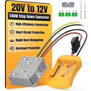 20V to 12V Step Down Converter Compatible with DeWalt 20V Battery, DC Voltage Regulator 12V 20A 240W Automatic Buck Converter with 30A Fuse & Wire Terminal