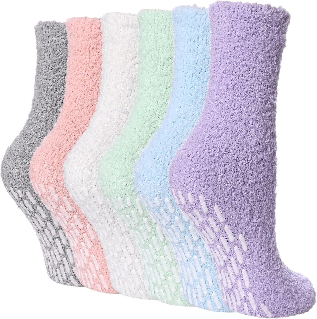 FNOVCO Non Slip Socks for Women Winter Warm Cozy Fuzzy Slipper Socks Soft Fluffy Hospital Socks with Grips (6 Pairs Candy Color)
