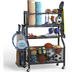 Garage Sports Equipment Organizer, Garage Ball Storage Rack, Upgraded Steel Ball Storage Sports Organizer for Garage, Rolling Ball Cart with Wheels for Indoor/Outdoor Use