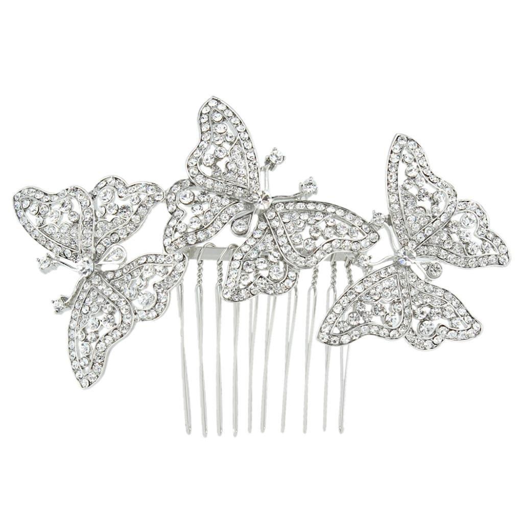 EVER FAITH Austrian Crystal Bridal 3 Butterfly Insect Animal Hair Comb Clear Silver-Tone