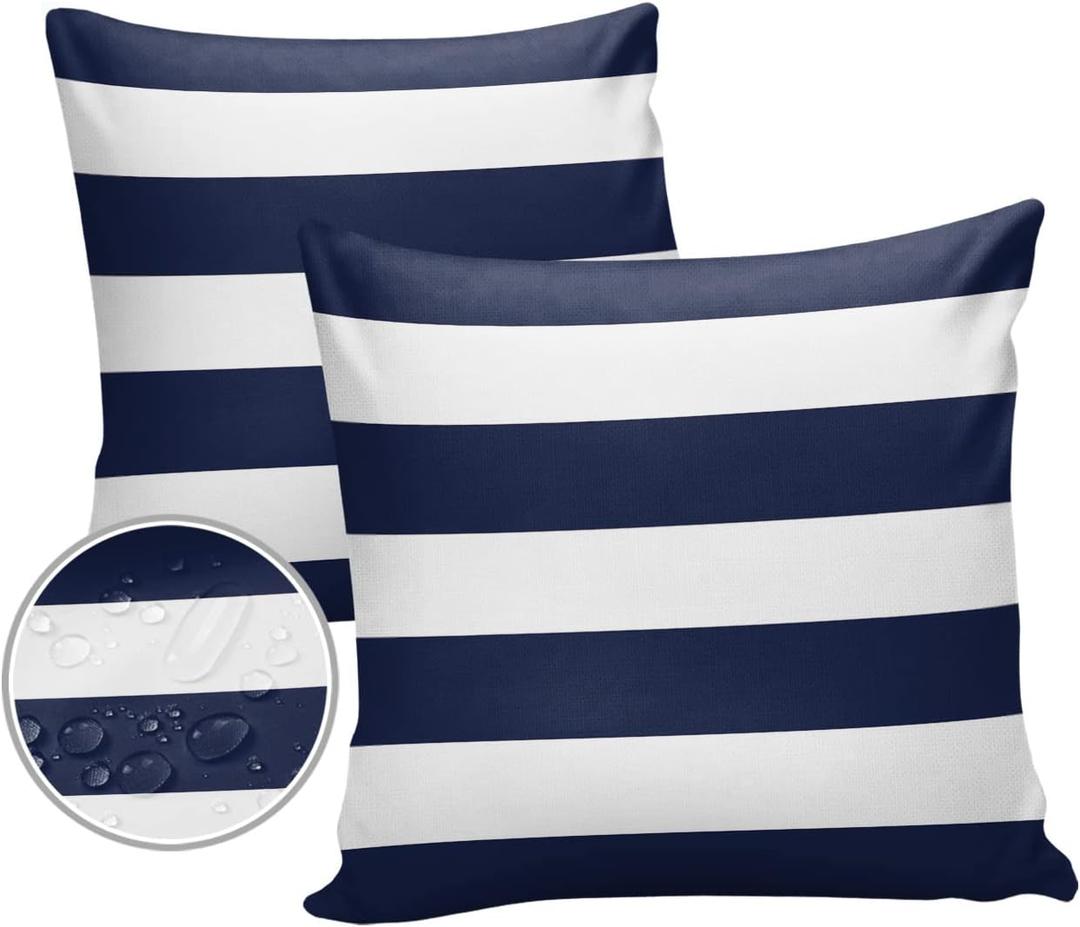 Outdoor Pillows Navy Blue White Stripes Waterproof Outdoor Pillow Covers Geometric Simple Summer Polyester Throw Pillow Covers Garden Cushion Decorative Case for Patio Couch Decoration Set of 2 (16" x 16" (Pack of 2))