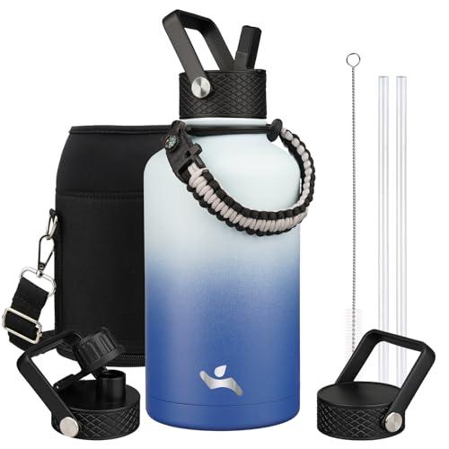 Konokyo Half Gallon Insulated Water Bottle with Straw,64 oz 3 Lids Water Jug with Carrying Bag,Paracord Handle, Double Wall Vacuum Stainless Steel Metal Flask,Sky