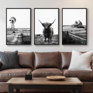 Framed Farmhouse Wall Art for Living Room, Set of 3 Black and White Highland Cow Canvas Prints, Modern Barn Windmill Wall Decor for Bedroom Dining Room Hallway 20x30 Inch