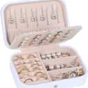 Travel Jewelry Box, PU Leather Small Jewelry Organizer for Women Girls, Portable Mini Travel Case Display Storage Holder Boxes for Stud Earrings, Rings, Necklaces, Bracelets (White Beige)