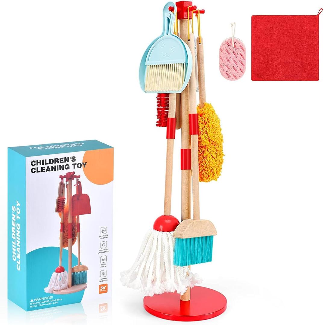 WHOHOLL Wooden Kids Cleaning Toy Set Toddler Broom and Dustpan Set for Housekeeping 9 Pcs Broom and Mop Set for Toddlers 3-6, Cleaning Toys with Sponge, Christmas Birthday Gifts for Boys Girls, Child-size