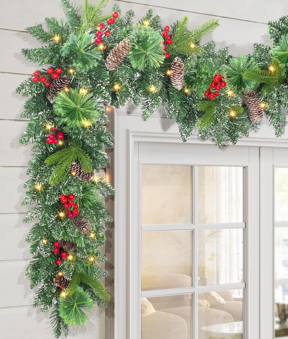 Pre-lit Christmas Garland 9FT with 100 Warm Lights, Battery Operated Xmas Garland with Long Snow Cedar Cones & Red Berries, Christmas Decoration for Mantle, Fireplace, Stair Railing, Porch (Snow Tipped Pine)