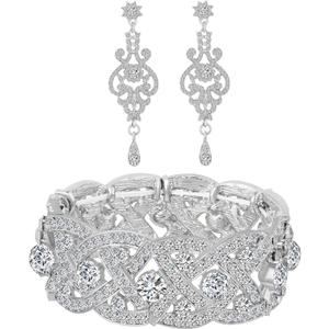 Womens Rhinestone Crystal Wedding Bridal Bridesmaid Tennis Bangles Statement Elastic Stretch Bracelets Rhinestone Chandelier Wedding Bridal Drop Dangle Earrings Jewelry Sets