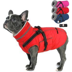 PETDSH Dog Coat Small, Built-in Harness Dog Jacket with Warm Fleece Lining, Waterproof Reflective Dogs Winter Coat, Pet Coats with Pocket and Trash Bags (Red, Small)
