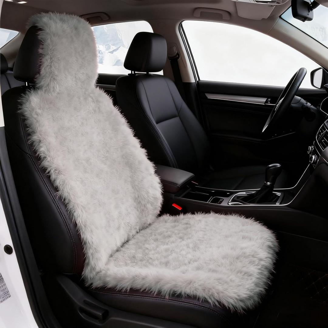 1Pc Fluffy Sheepskin Car Seat Cover Warm & Breathable, Wool Car Seat Cover,Universal Plush Seat Cover for Cars SUV Truck Van, Wear Proof with Snap Hook Design (Grey)