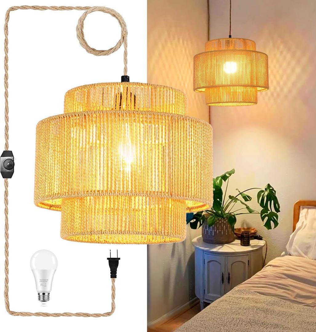 Plug in Pendant Light Hanging Lights with Plug in Cord Hanging Lamp Boho Rattan Dimmable Wicker Bamboo Woven Shade Hemp Rope Ceiling Light Fixture for Living Room Bedroom Kitchen