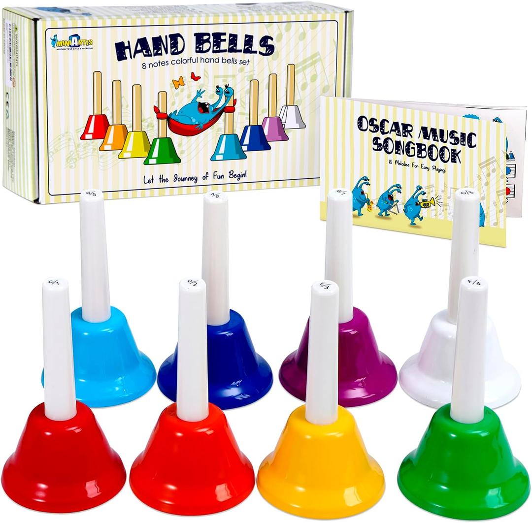 MINIARTIS Hand Bells for Kids | Educational Music Toys for Toddlers 8 Notes Colorful Handbells Set | Kids Musical Instrument with 15 Songbook | Great Birthday Gift for Children
