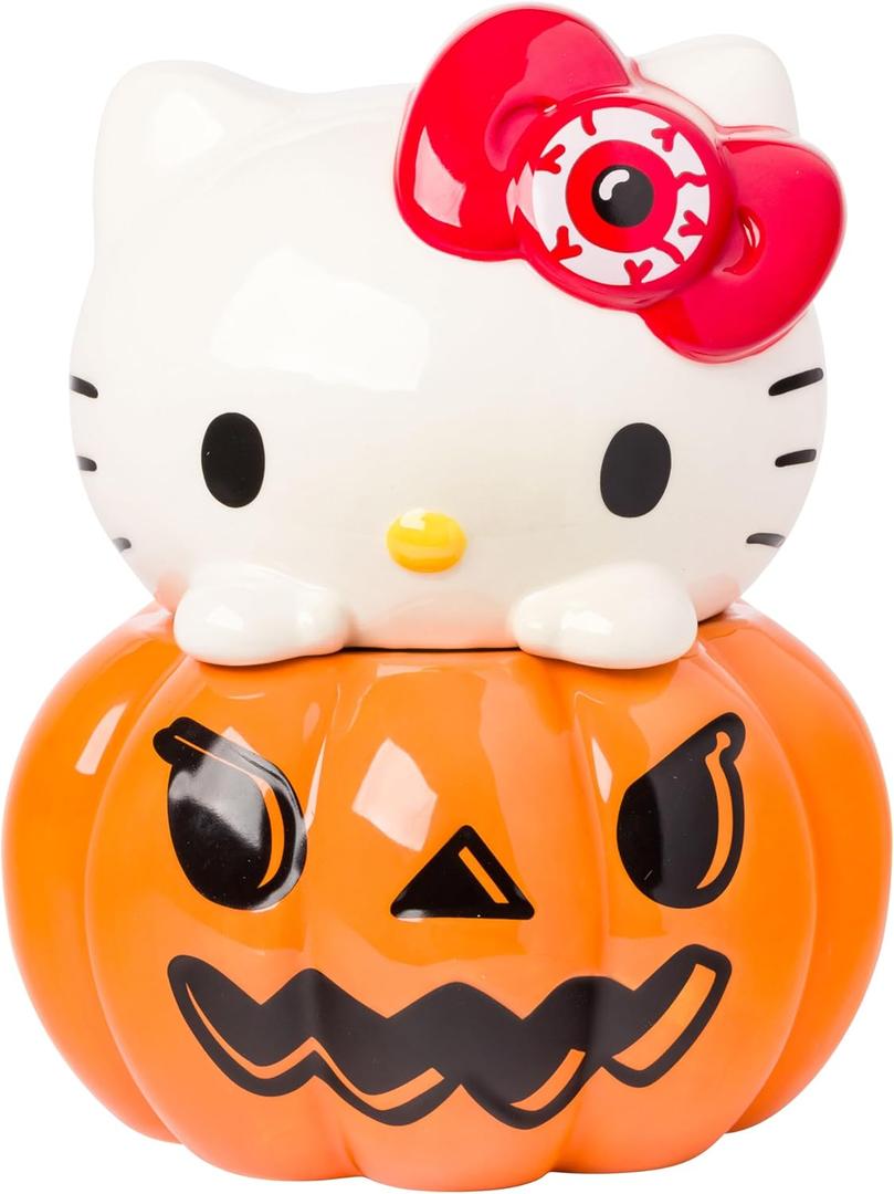 Silver Buffalo Sanrio Hello Kitty Halloween Pumpkin Jack O'Lantern 3D Sculpted Ceramic Cookie Snack Candy Jar (Medium)