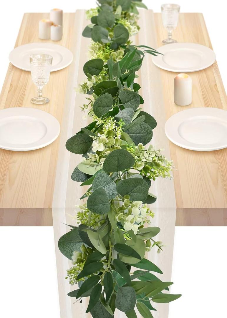 6Ft Eucalyptus Garland, Artificial lvy Greenery Vines with Flower Gypsophila Willow Leaves for Home Wedding Party Table Runner Centerpiece Decor