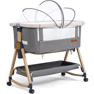 Maydolly Baby Bassinet & Bedside Sleeper, 3 in 1 Rocking Bassinet with Mattress & Sheet, Adjustable Height, Removable Breathable Cover, Easy Folding Infant Crib (Grey)