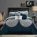Chic Home 9 Piece Orchard Place Faux Silk Luxury Large Medalion Jacquard with Embroidery Details and Trims King Comforter Set Blue