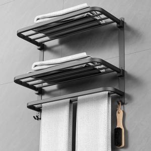 22.8Inch Towel Rack for Bathroom and Lavatory Towel Hanger with Wall Mount Towel Bars 304 Stainless Steel No Drill (Collapsible Black Towel Rack)