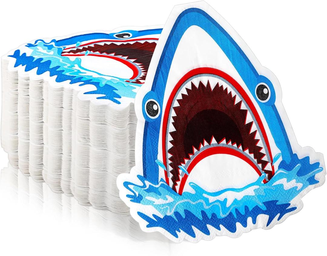 Honoson 100 Pcs Shark Paper Napkins Shark Theme Party Decorations Disposable Cocktail Beverage Napkins for Kids Birthday Baby Shower Ocean Under the Sea Party Party Supplies Shark Cake Decorations