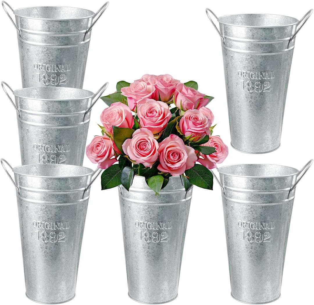 6 Packs 10 Inch Tall Galvanized Metal Flower Vases with Handles, Metal Flower Buckets for Cut Flowers, Country Wedding, Table Centerpiece Decorations(Sliver)
